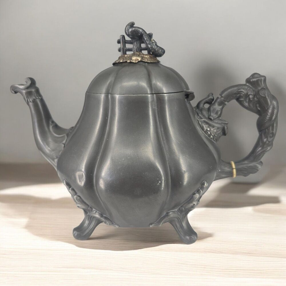 Shaw & Fischer Sheffield Pewter Tea Pot Hinged Lid Snake Holding Fish Handle‎